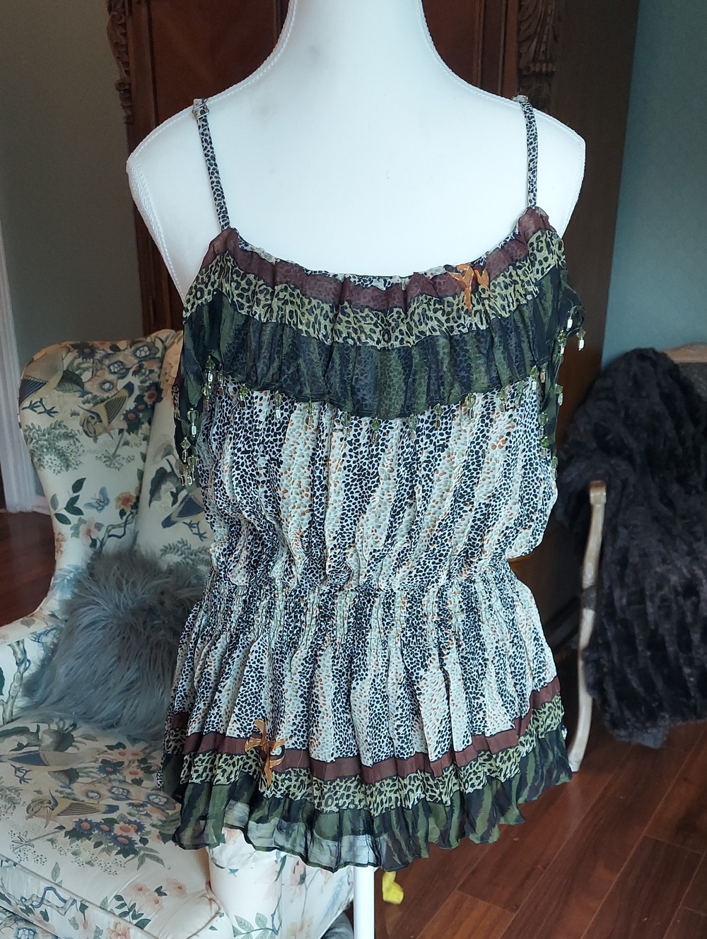 Marineblu Green & Brown Animal Print Ruffle Camisole